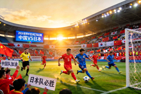 2026年世界杯预选赛亚洲区关键战役：中国队对阵日本队的比赛场景渲染图