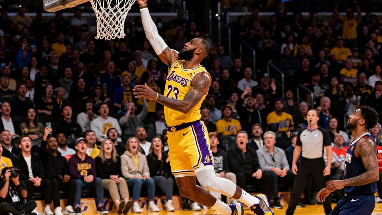 NBA季后赛中，湖人队核心球员突破防守腾空暴扣，篮筐震颤，观众席一片惊呼。